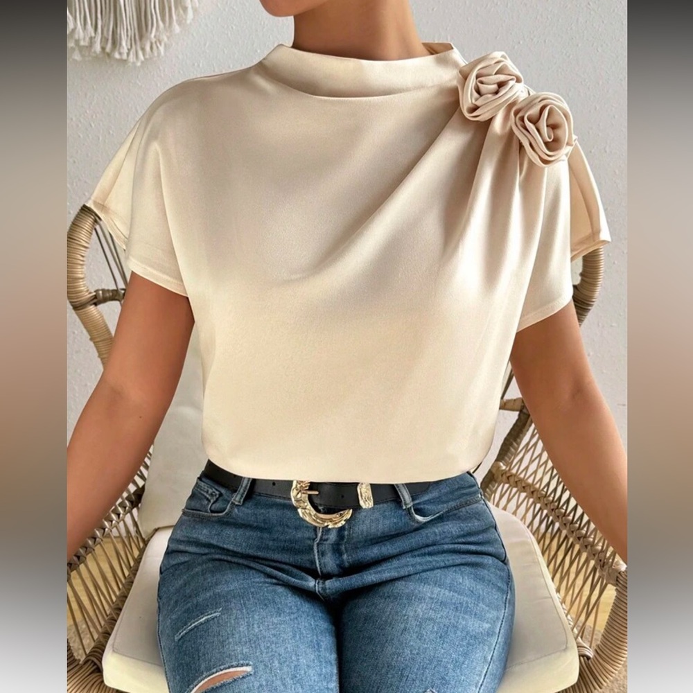 Elegant Cream Women's Top with Floral Detail